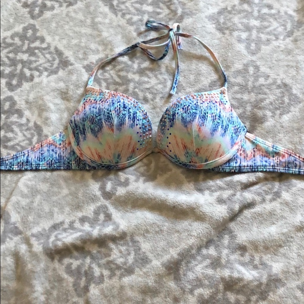 Sparkly bathing suit top with metal clasp